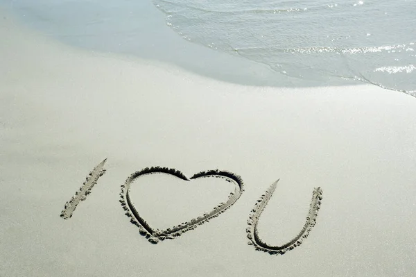 Concept Conceptual Love You Text Handwritten Sand Beach Waves Exotic — Zdjęcie stockowe