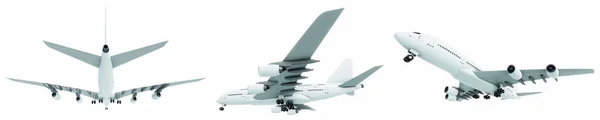 Концептуальный Набор Трех Летающих Белых Пассажирских Лайнеров Коммерческих Самолетов Изолированных — стоковое фото