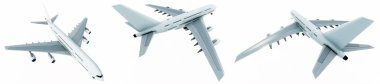Conceptual set of three flying white passenger jetliner or commercial planes, isolated on white background. 3D illustration for jet transportation, travel industry or modern freedom concept