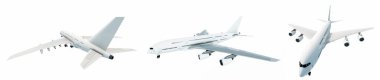 Conceptual set of three flying white passenger jetliner or commercial planes, isolated on white background. 3D illustration for jet transportation, travel industry or modern freedom concept
