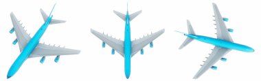 Conceptual set of three flying blue and white passenger jetliner or commercial planes, isolated on white background. 3D illustration for jet transportation, travel industry or modern freedom concept