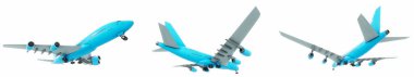 Conceptual set of three flying blue and white passenger jetliner or commercial planes, isolated on white background. 3D illustration for jet transportation, travel industry or modern freedom concept