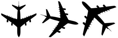 Vector conceptual set of three flying black passenger jetliner or commercial planes, isolated on white background as a metaphor for jet transportation, travel industry or modern freedom concept