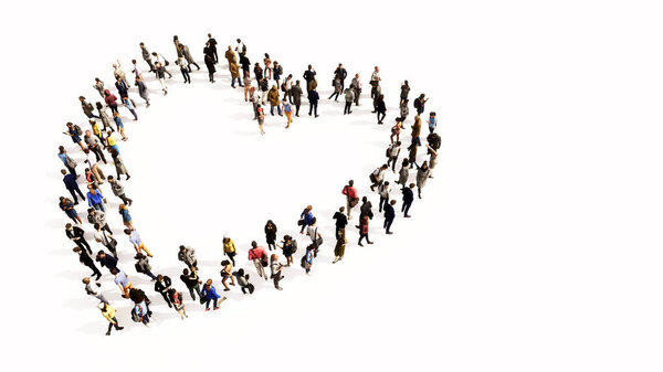 Концепция концептуального большого сообщества людей, формирующих подобную икону. 3d иллюстративная метафора любви, популярности, моды, здоровья, романтики и брака