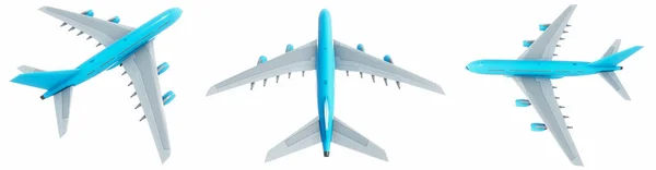 Conceptual Set Three Flying Blue White Passenger Jetliner Commercial Planes — Stockfoto