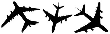 Vector conceptual set of three flying black passenger jetliner or commercial planes, isolated on white background as a metaphor for jet transportation, travel industry or modern freedom concept
