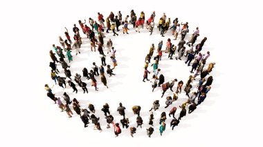 İnsanların kavramsal ya da kavramsal olarak büyük bir araya gelip beyaz arka planda bir kanser burcu işareti oluşturması. Ezoterik, mistik ve astrolojinin gücünün 3 boyutlu bir sembolü.