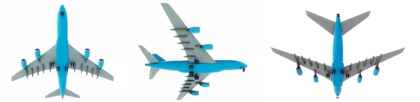 Εννοιολογικό Σύνολο Τριών Ιπτάμενων Μπλε Και Λευκών Επιβατικών Αεροπλάνων Εμπορικών — Φωτογραφία Αρχείου