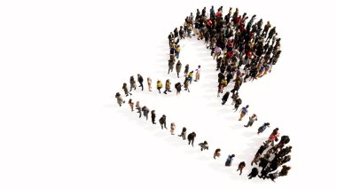 Beyaz arka planda insan beyni görüntüsü oluşturan insanların kavramsal ya da kavramsal olarak büyük bir araya gelmesi. Bilim, zeka, anatomi, nöroloji ve beyin fırtınası için üç boyutlu bir örnekleme metaforu.