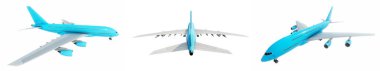 Conceptual set of three flying blue and white passenger jetliner or commercial planes, isolated on white background. 3D illustration for jet transportation, travel industry or modern freedom concept