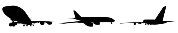 Vector Conceptual Set Three Flying Black Passenger Jetliner Commercial Planes — Vetor de Stock