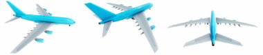 Conceptual set of three flying blue and white passenger jetliner or commercial planes, isolated on white background. 3D illustration for jet transportation, travel industry or modern freedom concept