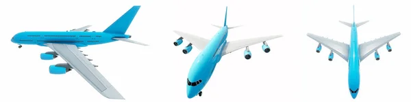 Conceptual Set Three Flying Blue White Passenger Jetliner Commercial Planes — Stock Photo, Image