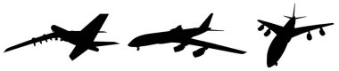 Vector conceptual set of three flying black passenger jetliner or commercial planes, isolated on white background as a metaphor for jet transportation, travel industry or modern freedom concept