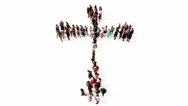 Concept Conceptual Large Community People Forming Image Religious Christian Cross — Stock Photo, Image