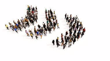 Tehlikeli yol işaretini oluşturan kavramsal geniş insan topluluğu. Dikkat, uyarı, güvenlik ve rehberlik için 3D illüstrasyon metaforu