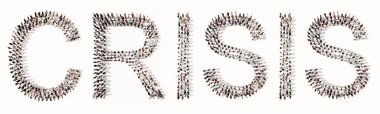 Kriz kelimesini oluşturan kavramsal ya da kavramsal geniş bir topluluk. Düşen ekonomik faaliyet, mali kriz, yüksek işsizlik, enflasyon, borç artışı ve yoksulluğa ilişkin 3d illüstrasyon metaforu 