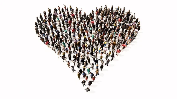 Concept Conceptual Large Gathering People Forming Image Heart White Background — Foto de Stock