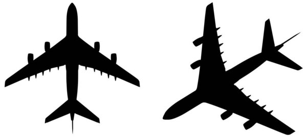 Conceptual set of two  flying black passenger jetliner or commercial planes, isolated on white background. 3d illustration for jet transportation, travel industry or modern freedom concept
