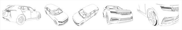 Concept Conceptuele Set Van Een Terreinwagen Schetsen Vanuit Verschillende Perspectieven — Stockfoto