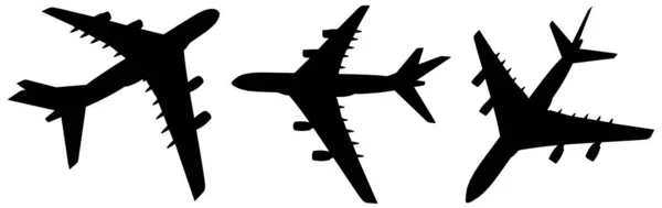 Conjunto Conceptual Tres Aviones Voladores Pasajeros Negros Aviones Comerciales Aislados — Foto de Stock