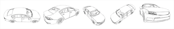 Koncepcja Lub Konceptualny Zestaw Szkiców Miejskich Samochodów Różnych Perspektyw Ilustracja — Zdjęcie stockowe