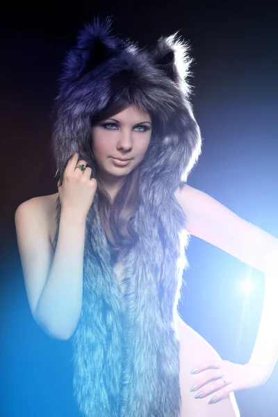 Girl in a wolf hat — Stock Photo, Image