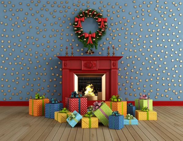 Christams room with fireplace — Stock Photo, Image