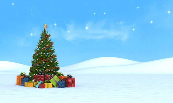 Christmas tree on snow - rendering — Stock Photo, Image