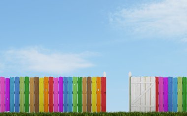 Colorful wooden fence with open gate clipart