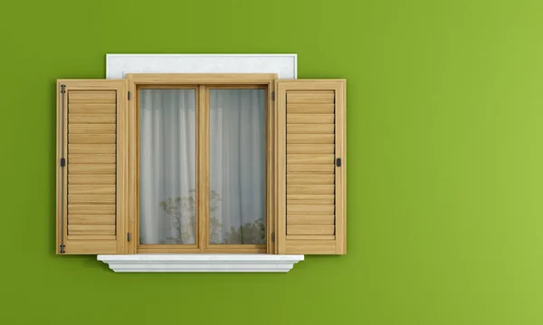 Ventanas de madera en la pared verde —  Fotos de Stock