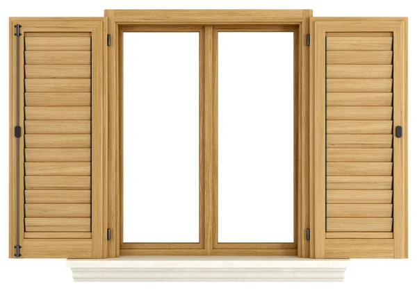 Holzfenster mit offenem Rollladen — Stockfoto