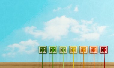 Gökyüzü duvarında renkli elektrik fişleri ile enerji verimliliği konsepti - render -