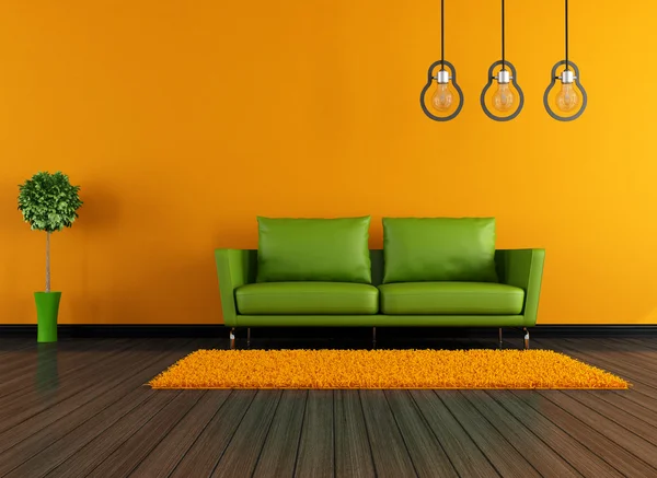 Yeşil ve turuncu, modern oturma odası — Stok fotoğraf