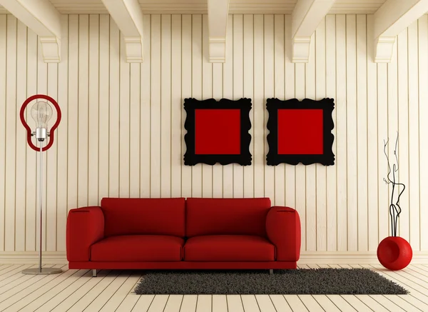 红色沙发上的木房 — 图库照片