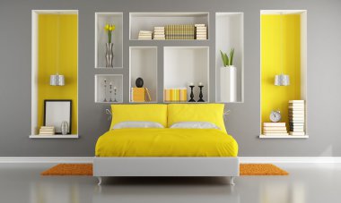 Sarı ve gri modern yatak odası