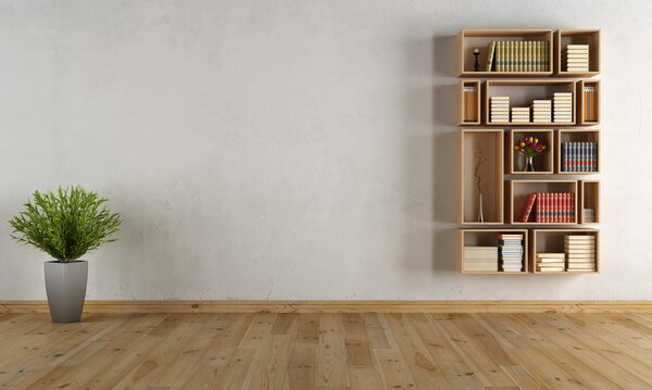 Empty interior with wall bookcase