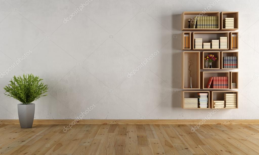 Empty interior with wooden wall bookcase - rendering