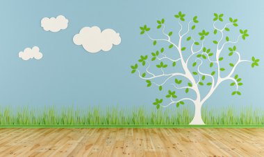 Empty child room with stylized tree and clouds clipart