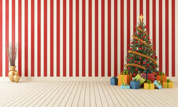 Wooden room with christmas-tree — Stock Photo, Image