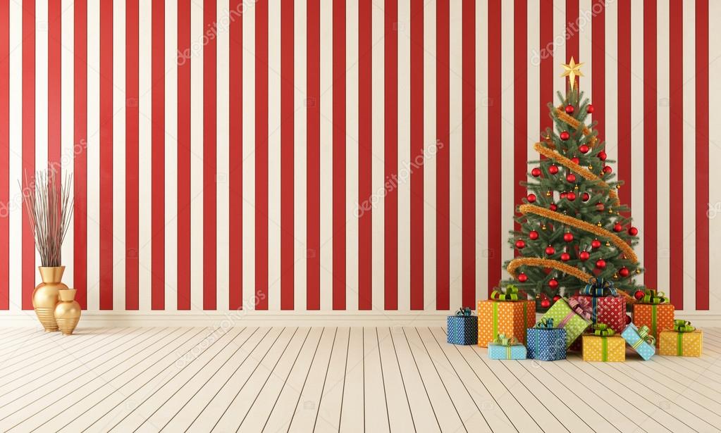 Wooden room with christmas-tree