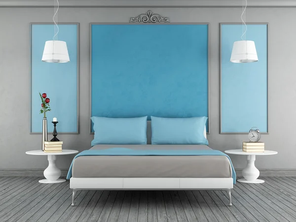 Blaues und graues Schlafzimmer — Stockfoto