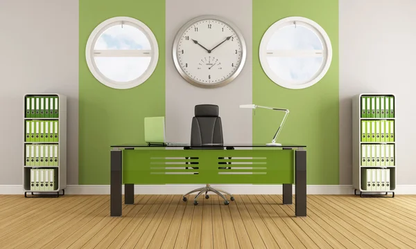 Oficina verde contemporánea con muebles y ventanas redondas - representación —  Fotos de Stock