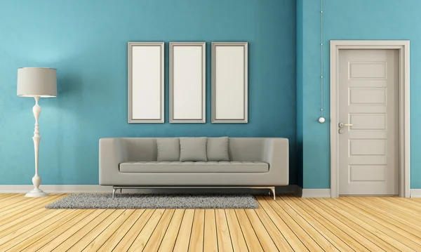 Modré a šedé obývací pokoj — Stock fotografie