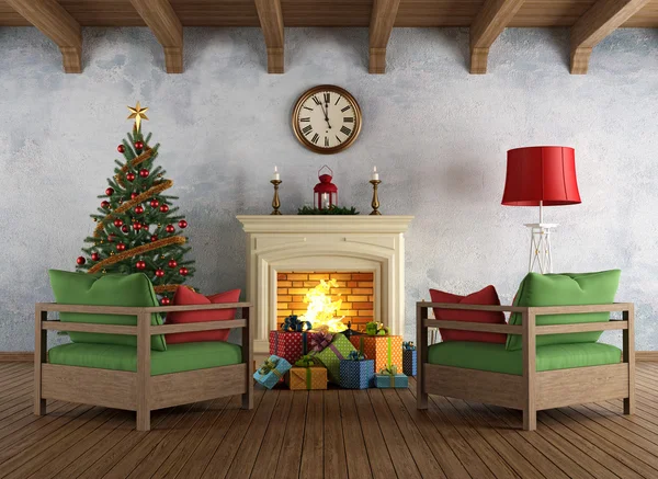 复古多圣诞客厅 — 图库照片
