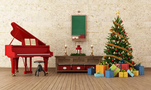 Vintage christams room with red grand-piano — Stock Photo, Image