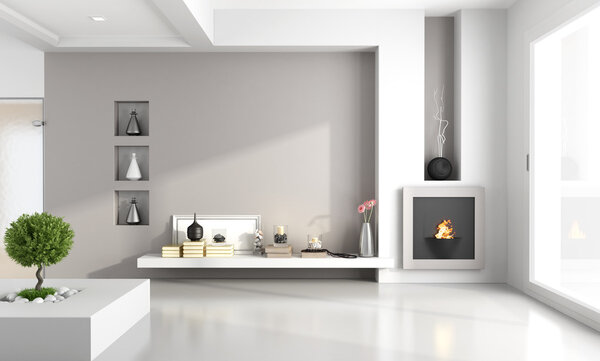 Minimalist living room with fireplace