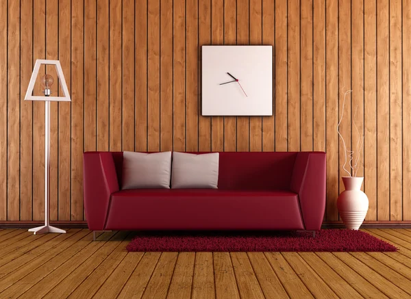 Wohnzimmer aus Holz mit roter Couch — Stockfoto