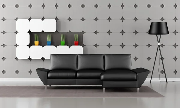 Salon moderne avec canapé noir — Photo