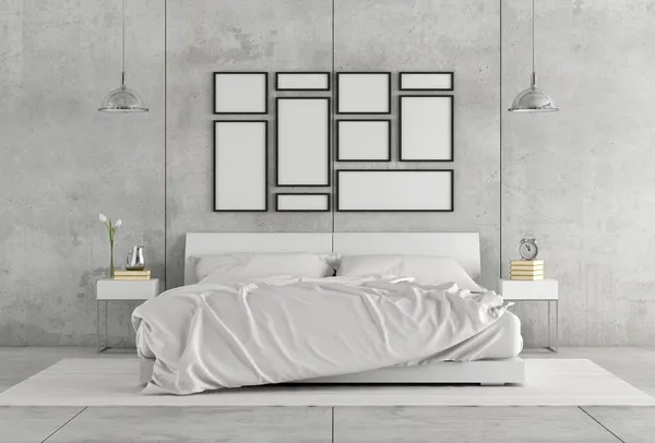 Λευκό υπνοδωμάτιο με διπλό κρεβάτι — Φωτογραφία Αρχείου